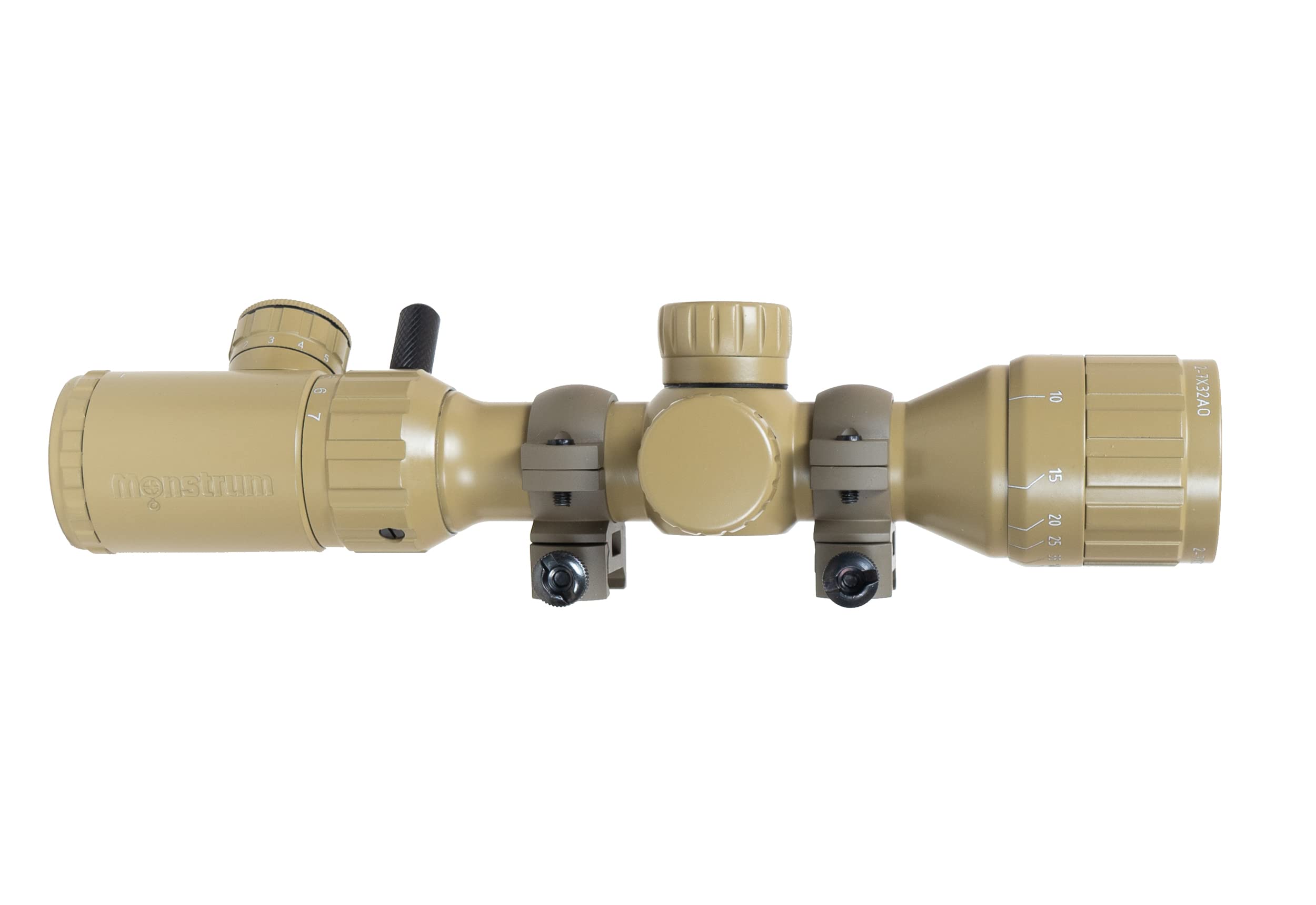 Monstrum 2-7x32 AO Rifle Scope | Flat Dark Earth | Monstrum Picatinny Scope Rings with Integrated Level Bubble | Bundle