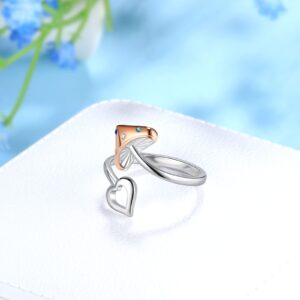 Cute Red Mushroom Ring Women Love Hearts Adjustable Open Ring Rose Gold Over 925 Sterling Silver Two Tones Colorful Crystal Mushroom Stackable Ring Mushroom Gift for Birthday Friendship FR0062W