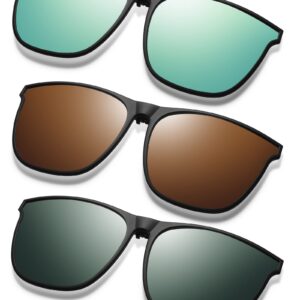 Frienda 3 Pair Oversize Polarized Clip-on Sunglasses Large Anti-glare TR90 Frame Flip up Driving Glasses for Women Men (Green, Dark Green, Brown)