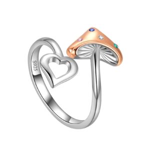 Cute Red Mushroom Ring Women Love Hearts Adjustable Open Ring Rose Gold Over 925 Sterling Silver Two Tones Colorful Crystal Mushroom Stackable Ring Mushroom Gift for Birthday Friendship FR0062W