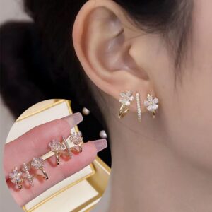 Tornito 4 Pairs Claw Ear Cuffs Zircon Pierced Needle Stud Earrings Minimalist Ear Wrap Butterfly Pearl Piercing Claw Earrings for Women Silver Tone