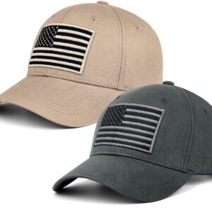 LCZTN 2 Pack American Flag Baseball Cap for Men Women,Low Profile USA Plain Dad Hat (Grey＆Khaki)