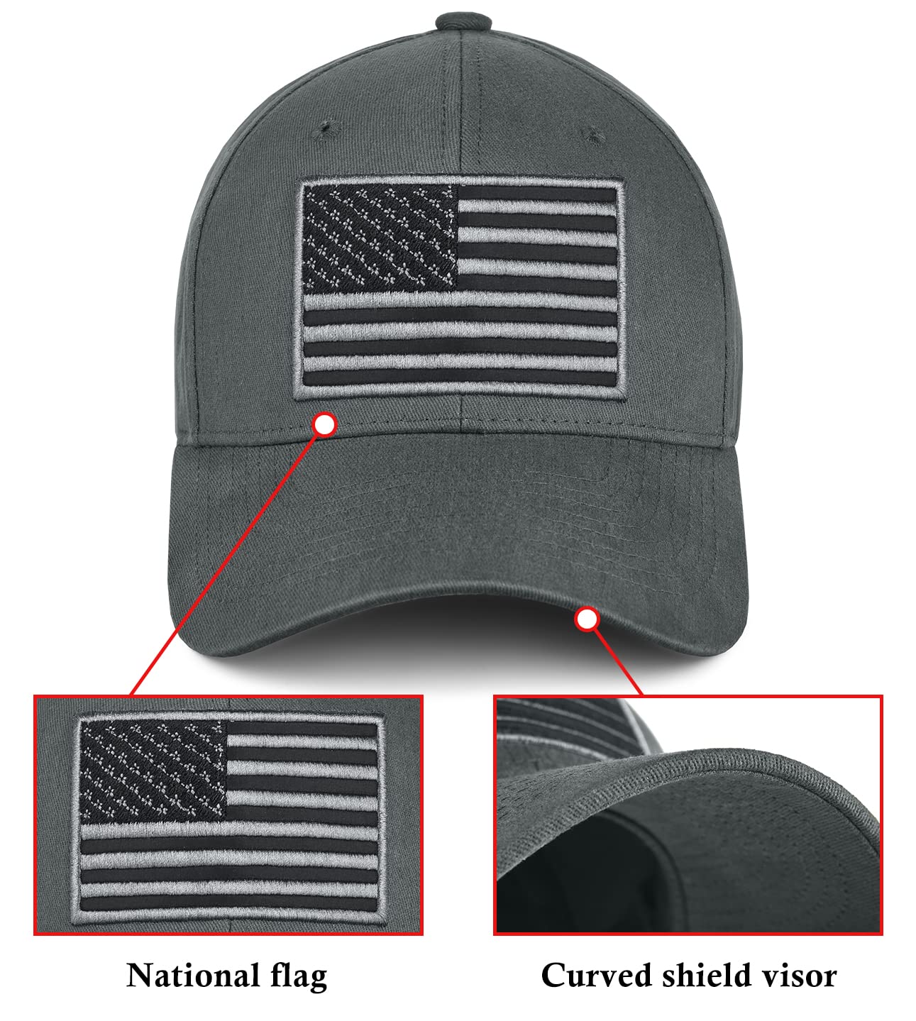 KIRAAT 3 Pack American Flag Baseball Cap Unisex,Low Profile USA Plain Dad Hat for Men＆Women (Black＆Grey＆Khaki)