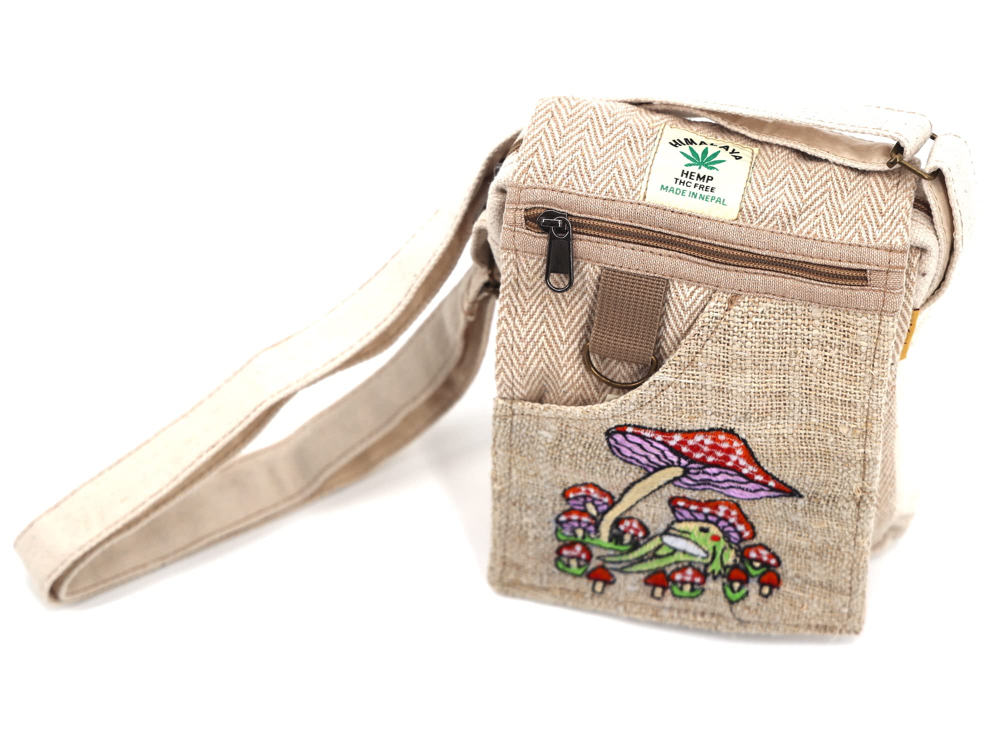 Unique design Mushroom Embroidery Hemp Hobo Passport crossbody bag Festival Travel Bag 100% Himalaya Hemp FAIR TRADE MADE Handmade with Love., Natural White