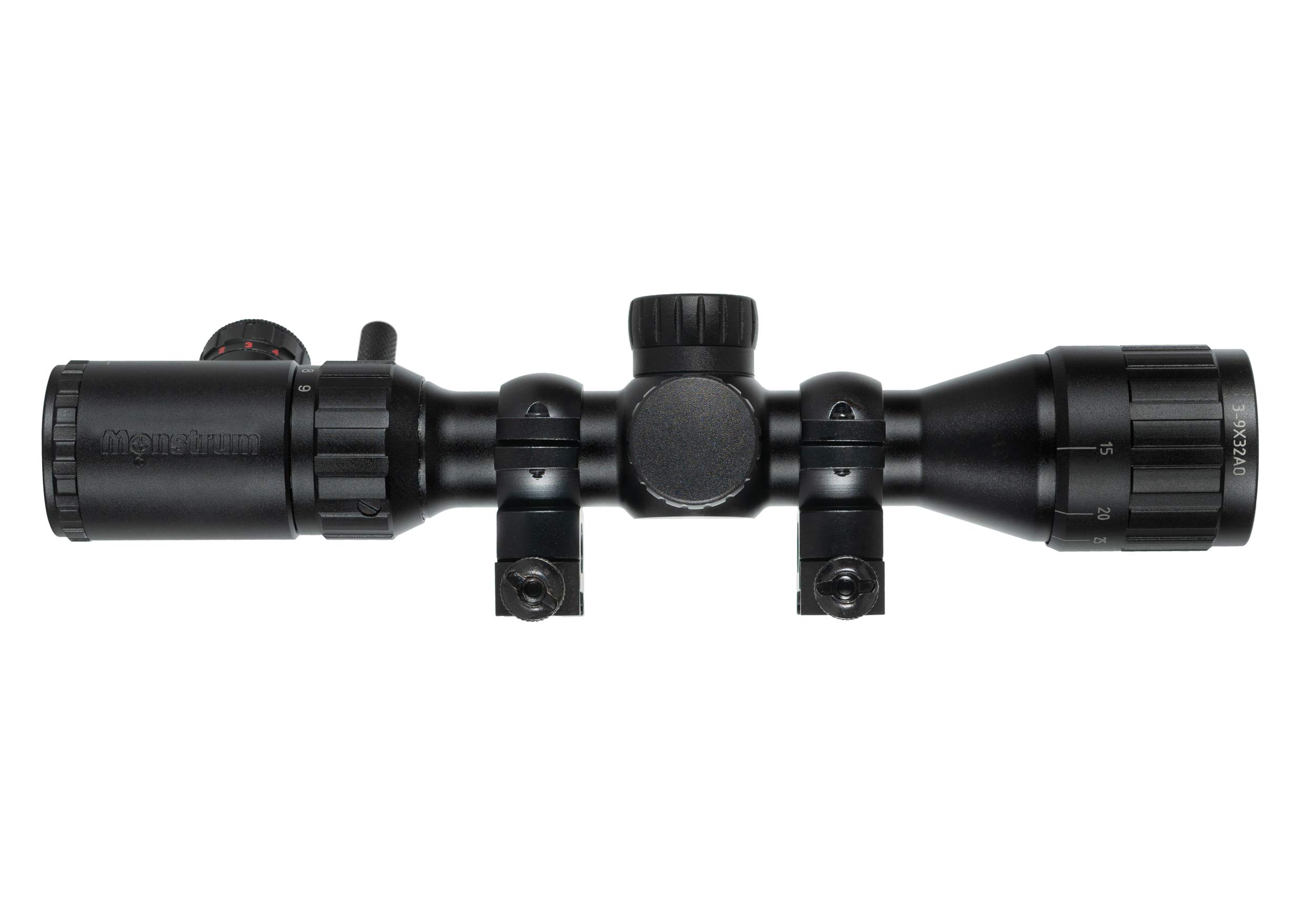 Monstrum 3-9x32 AO Rifle Scope | Monstrum Picatinny Scope Rings with Integrated Level Bubble | Bundle