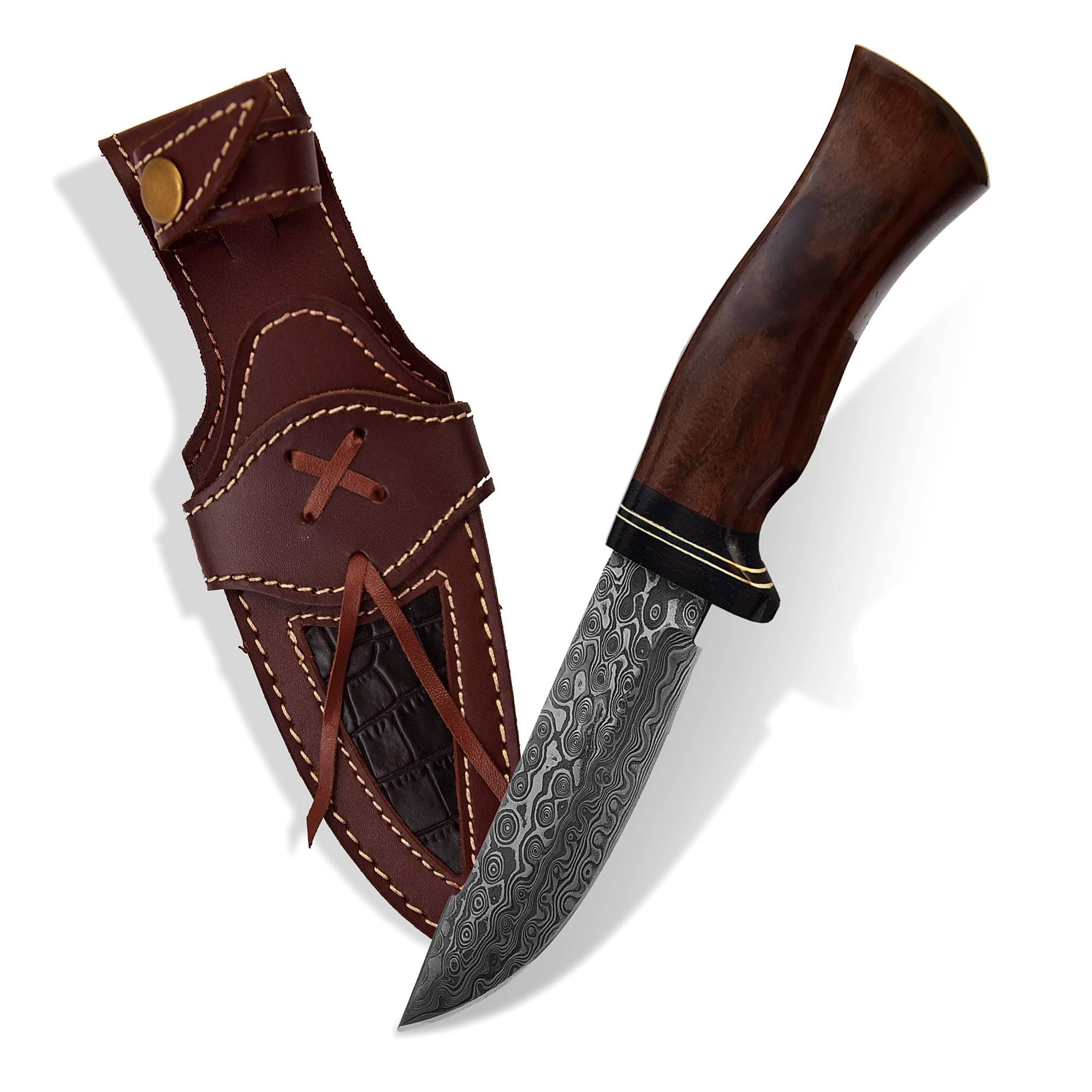 HK Knives Handmade 10''Hunting Knife,Forged Damascus for men,Bushcraft knife with Non-Slip Walnut Wood Handle & Leather Sheath,Damascus best Outdoor Indoor Camping,Survival,Skinning, Rose wood, 5x5