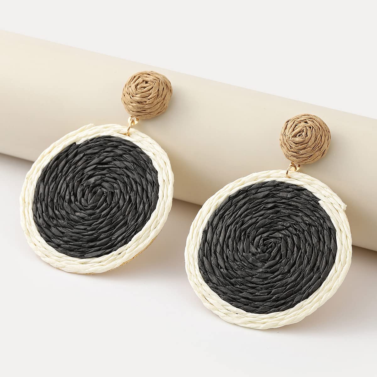 Bohemian Woven Straw Wicker Raffia Rattan Dangle Earrings Geometric Circle Round Statement Drop Earrings for Women Summer Beach Boho Jewelry-straw black