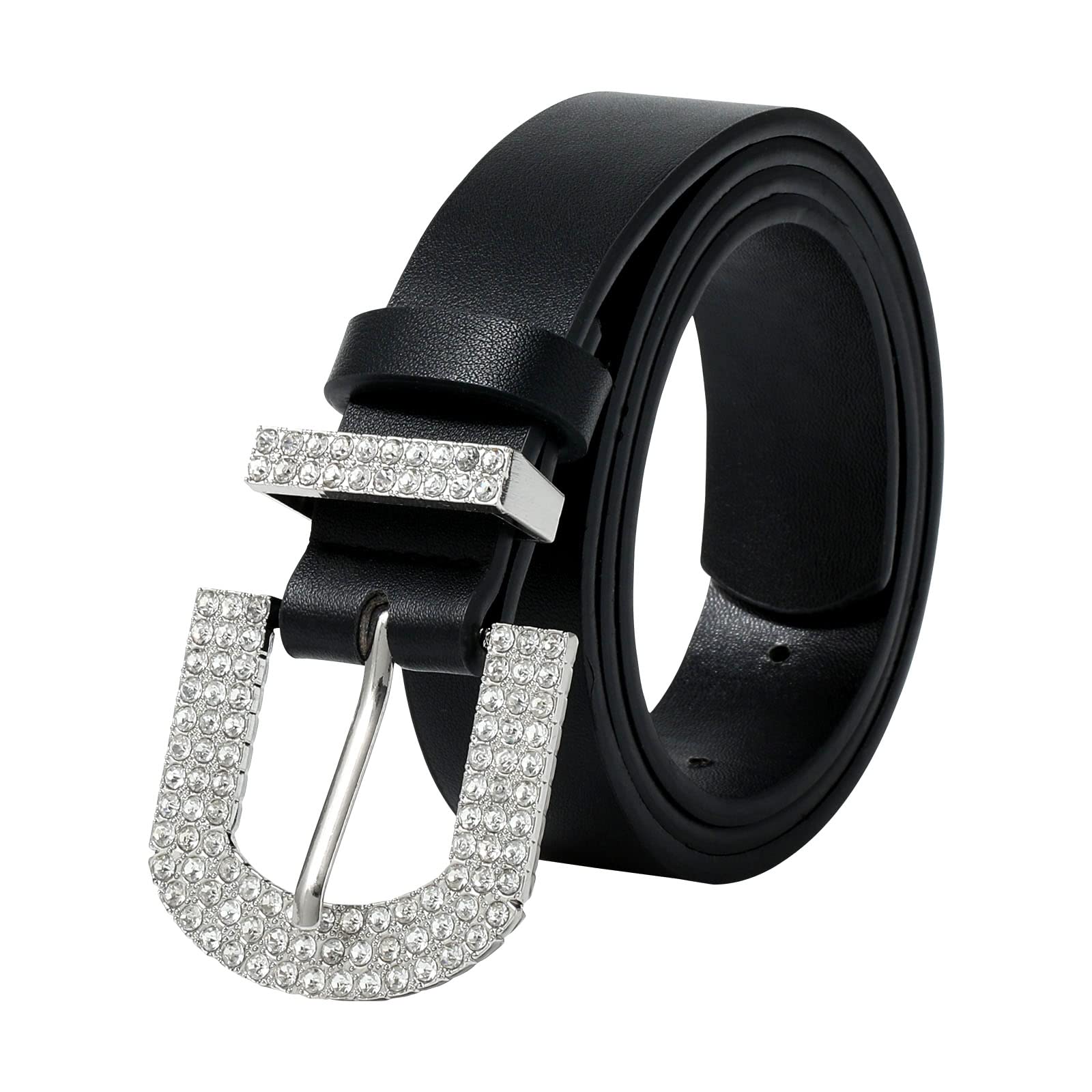 AWAYTR Rhinestone Buckle Belt for Women - PU Leather Plus Size Belts for Jeans and Dress (Black,100cm)