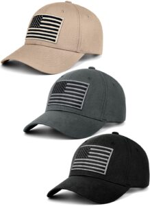 kiraat 3 pack american flag baseball cap unisex,low profile usa plain dad hat for men＆women (black＆grey＆khaki)