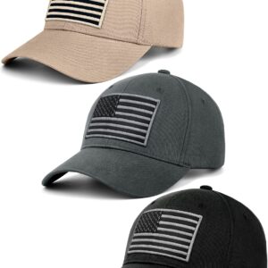 KIRAAT 3 Pack American Flag Baseball Cap Unisex,Low Profile USA Plain Dad Hat for Men＆Women (Black＆Grey＆Khaki)