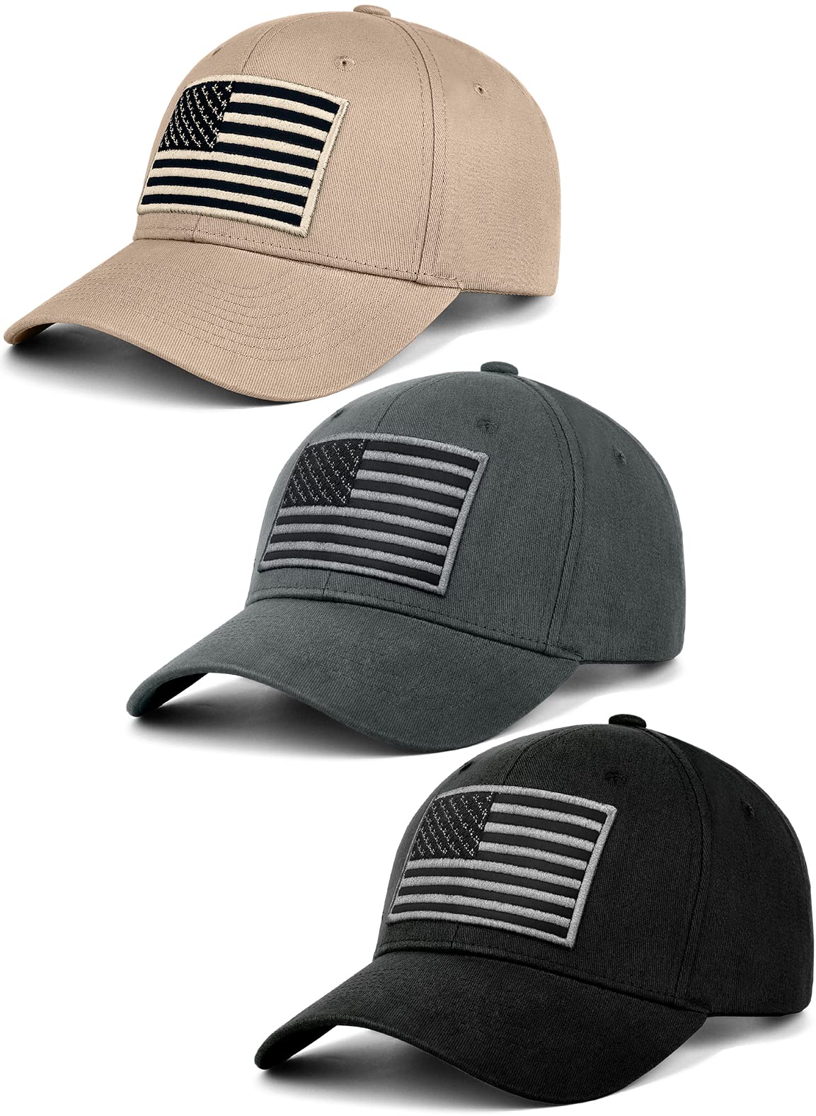 KIRAAT 3 Pack American Flag Baseball Cap Unisex,Low Profile USA Plain Dad Hat for Men＆Women (Black＆Grey＆Khaki)