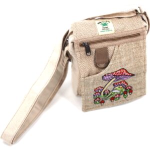 Unique design Mushroom Embroidery Hemp Hobo Passport crossbody bag Festival Travel Bag 100% Himalaya Hemp FAIR TRADE MADE Handmade with Love., Natural White