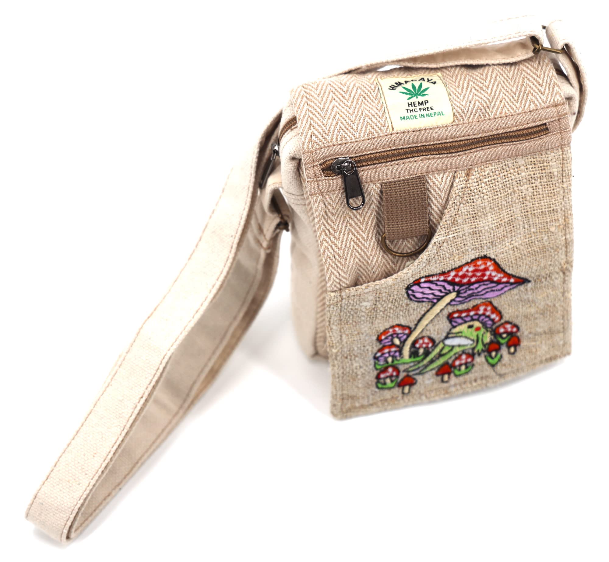 Unique design Mushroom Embroidery Hemp Hobo Passport crossbody bag Festival Travel Bag 100% Himalaya Hemp FAIR TRADE MADE Handmade with Love., Natural White