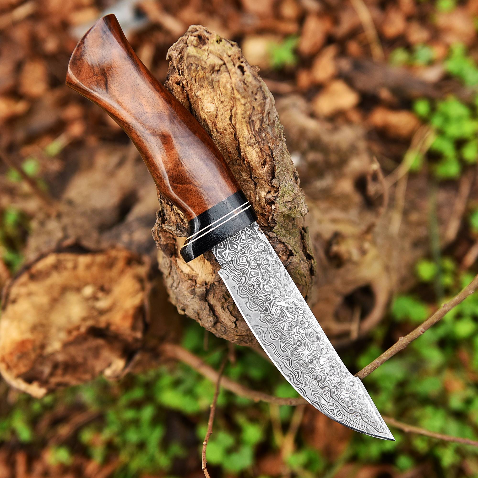 HK Knives Handmade 10''Hunting Knife,Forged Damascus for men,Bushcraft knife with Non-Slip Walnut Wood Handle & Leather Sheath,Damascus best Outdoor Indoor Camping,Survival,Skinning, Rose wood, 5x5