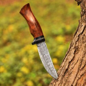 HK Knives Handmade 10''Hunting Knife,Forged Damascus for men,Bushcraft knife with Non-Slip Walnut Wood Handle & Leather Sheath,Damascus best Outdoor Indoor Camping,Survival,Skinning, Rose wood, 5x5