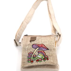 Unique design Mushroom Embroidery Hemp Hobo Passport crossbody bag Festival Travel Bag 100% Himalaya Hemp FAIR TRADE MADE Handmade with Love., Natural White