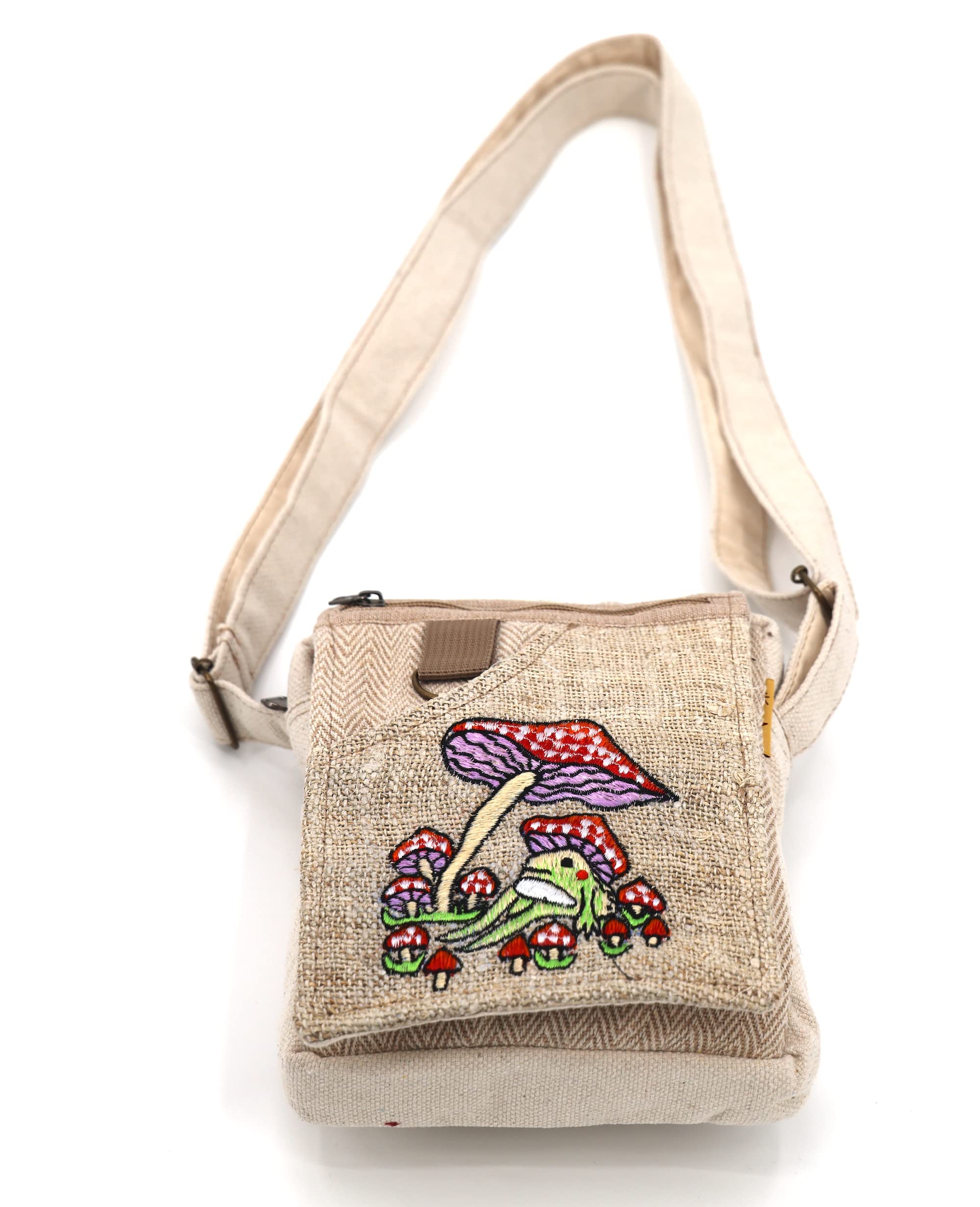 Unique design Mushroom Embroidery Hemp Hobo Passport crossbody bag Festival Travel Bag 100% Himalaya Hemp FAIR TRADE MADE Handmade with Love., Natural White