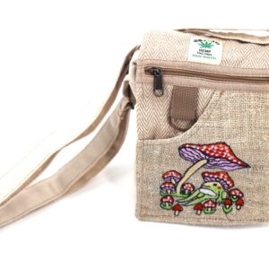 Unique design Mushroom Embroidery Hemp Hobo Passport crossbody bag Festival Travel Bag 100% Himalaya Hemp FAIR TRADE MADE Handmade with Love., Natural White