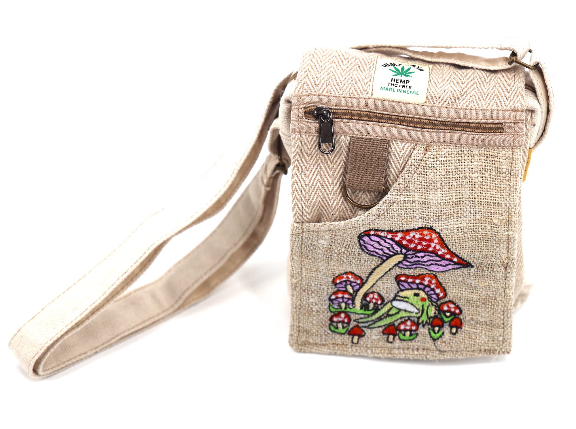 Unique design Mushroom Embroidery Hemp Hobo Passport crossbody bag Festival Travel Bag 100% Himalaya Hemp FAIR TRADE MADE Handmade with Love., Natural White