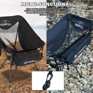 HOMFUL 2 Pack Compact Camping Chairs Ultra Light Portable Folding Backpacking Chair with Side Pockets Breathable Mesh Structure Aluminum Frame with Carrying Bag(Black 2pcs)