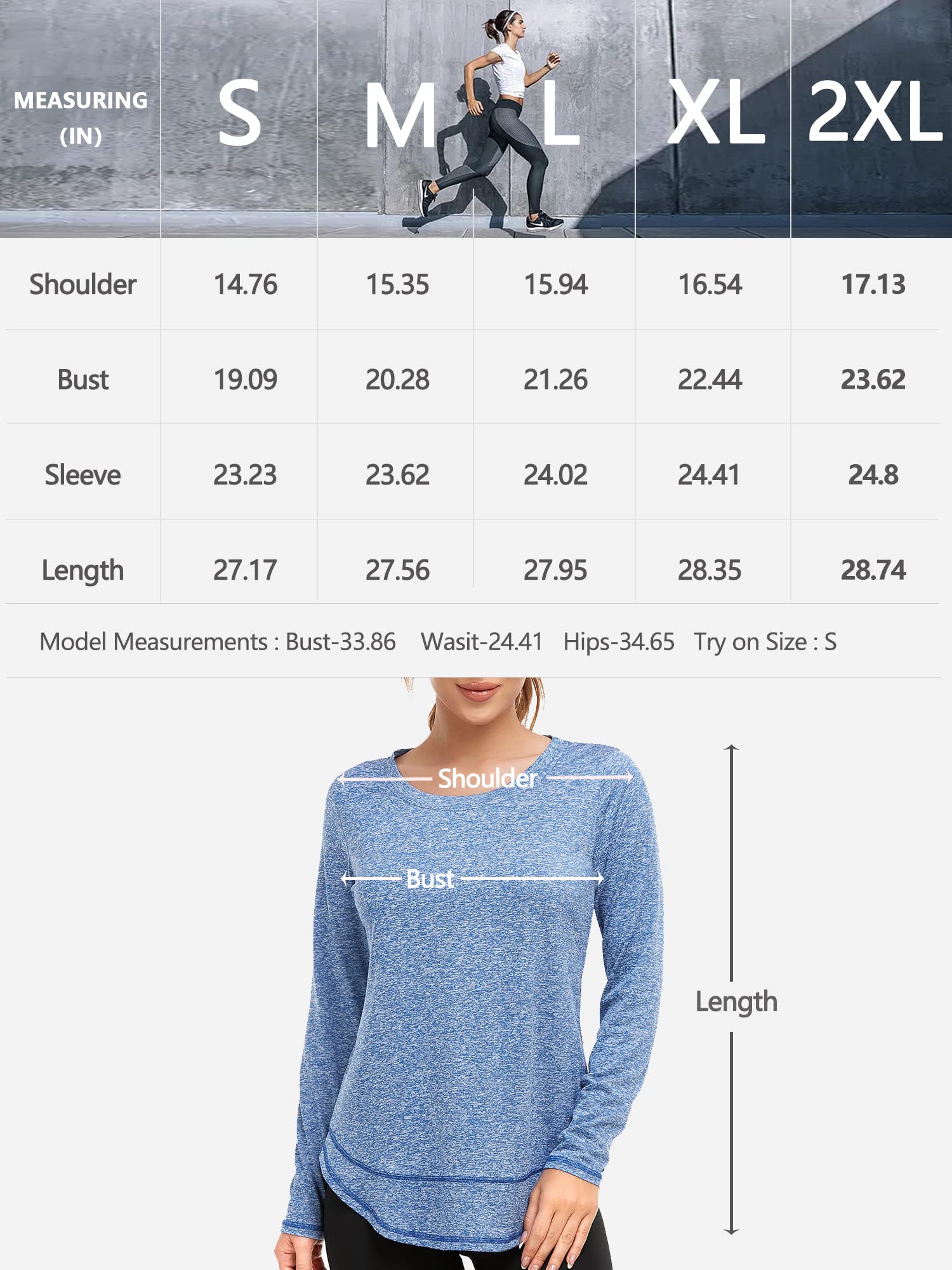 Abrooical Athletic Tops for Women Long Sleeve Running Shirts Yoga Loose Fit Workout Tees Tennis Tops Long Blue XX-Large