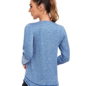 Abrooical Athletic Tops for Women Long Sleeve Running Shirts Yoga Loose Fit Workout Tees Tennis Tops Long Blue XX-Large