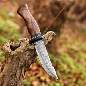 HK Knives Handmade 10''Hunting Knife,Forged Damascus for men,Bushcraft knife with Non-Slip Walnut Wood Handle & Leather Sheath,Damascus best Outdoor Indoor Camping,Survival,Skinning, Rose wood, 5x5