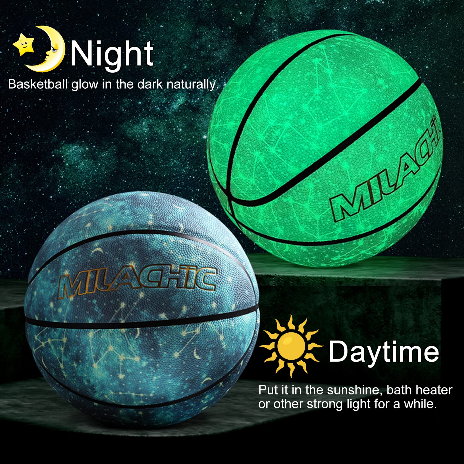 MILACHIC Basketball Glow in The Dark Basketball Ball Size 5/27.5", Glowing Composite Leather Basketball Luminous Basketball Gift for Teenagers