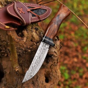 HK Knives Handmade 10''Hunting Knife,Forged Damascus for men,Bushcraft knife with Non-Slip Walnut Wood Handle & Leather Sheath,Damascus best Outdoor Indoor Camping,Survival,Skinning, Rose wood, 5x5