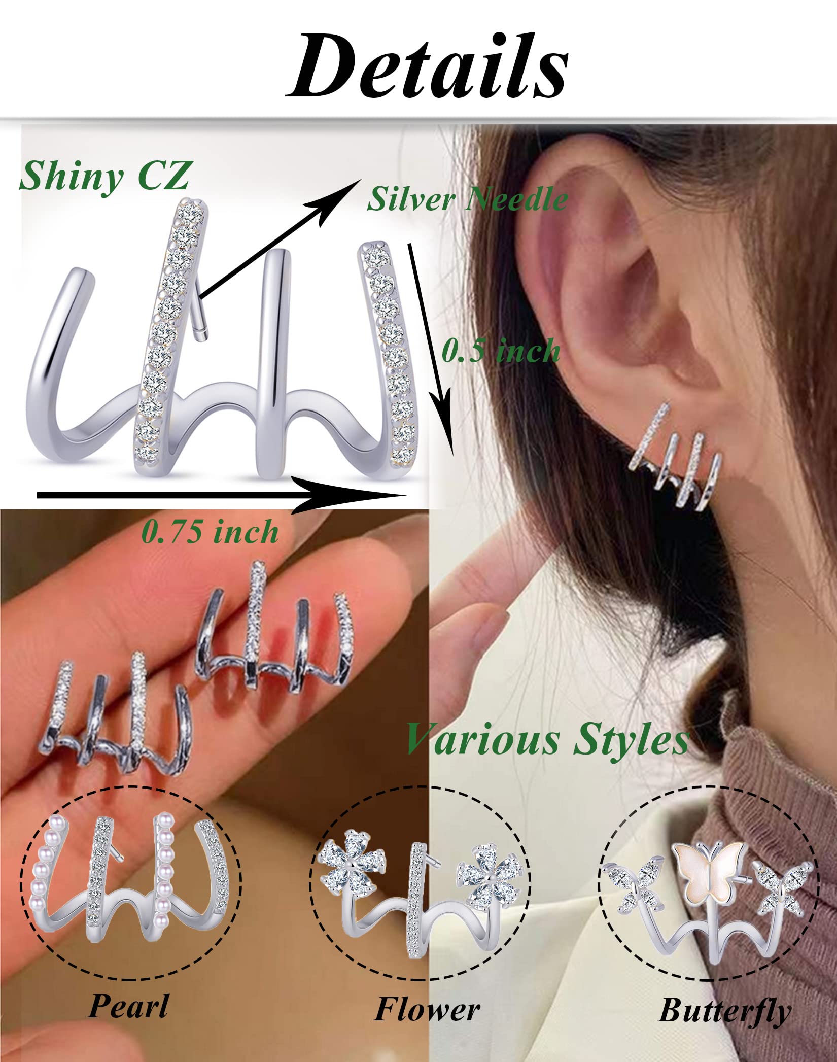 Tornito 4 Pairs Claw Ear Cuffs Zircon Pierced Needle Stud Earrings Minimalist Ear Wrap Butterfly Pearl Piercing Claw Earrings for Women Silver Tone