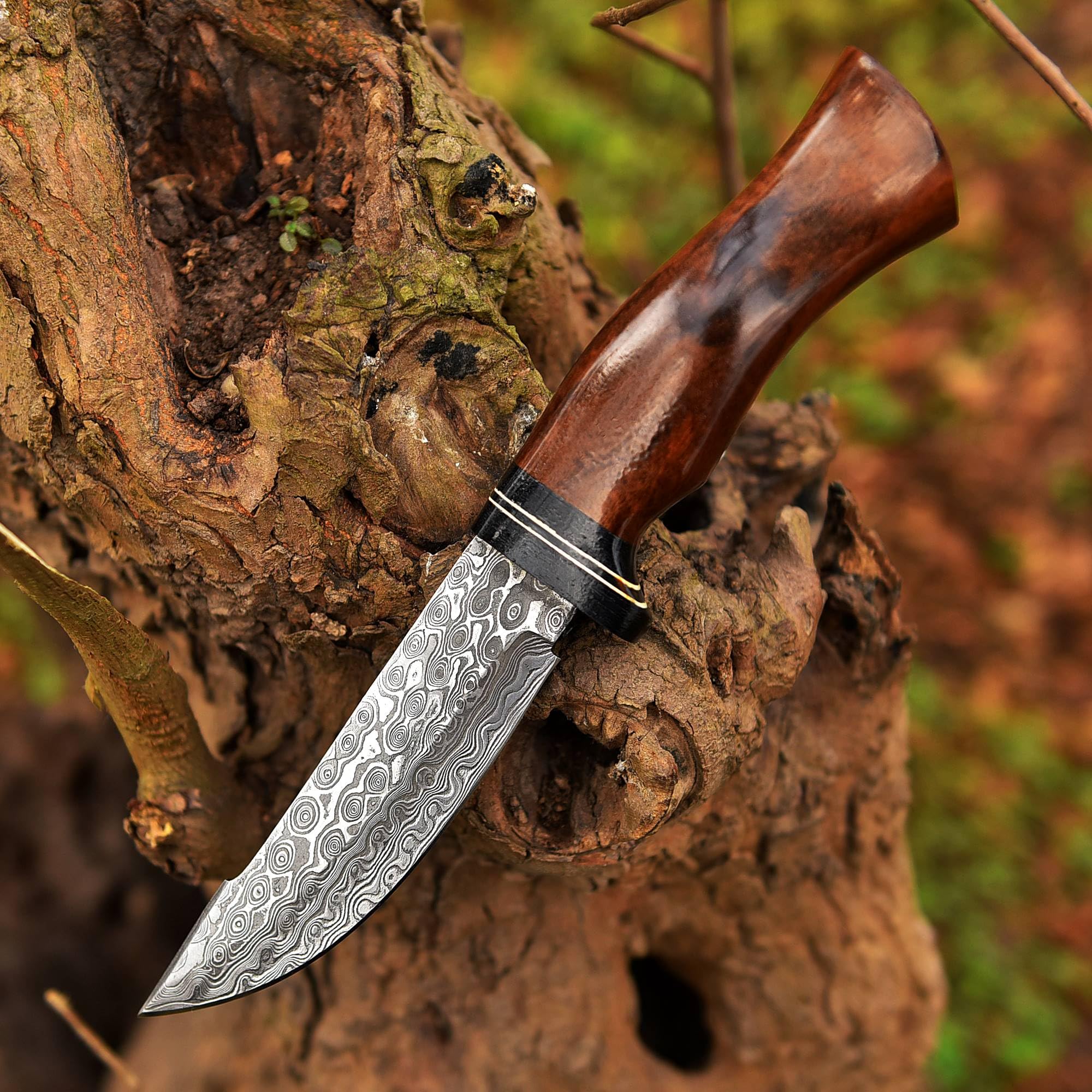 HK Knives Handmade 10''Hunting Knife,Forged Damascus for men,Bushcraft knife with Non-Slip Walnut Wood Handle & Leather Sheath,Damascus best Outdoor Indoor Camping,Survival,Skinning, Rose wood, 5x5