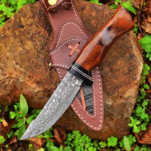 hk knives handmade 10''hunting knife,forged damascus for men,bushcraft knife with non-slip walnut wood handle & leather sheath,damascus best outdoor indoor camping,survival,skinning, rose wood, 5x5