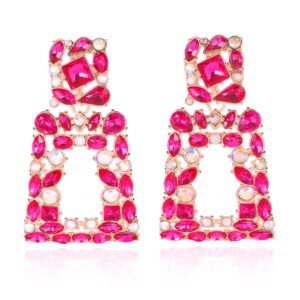 hot pink rhinestone rectangle dangle earrings trendy sparkly crystal geometric drop statement earrings hypoallergenic for women