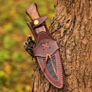 HK Knives Handmade 10''Hunting Knife,Forged Damascus for men,Bushcraft knife with Non-Slip Walnut Wood Handle & Leather Sheath,Damascus best Outdoor Indoor Camping,Survival,Skinning, Rose wood, 5x5