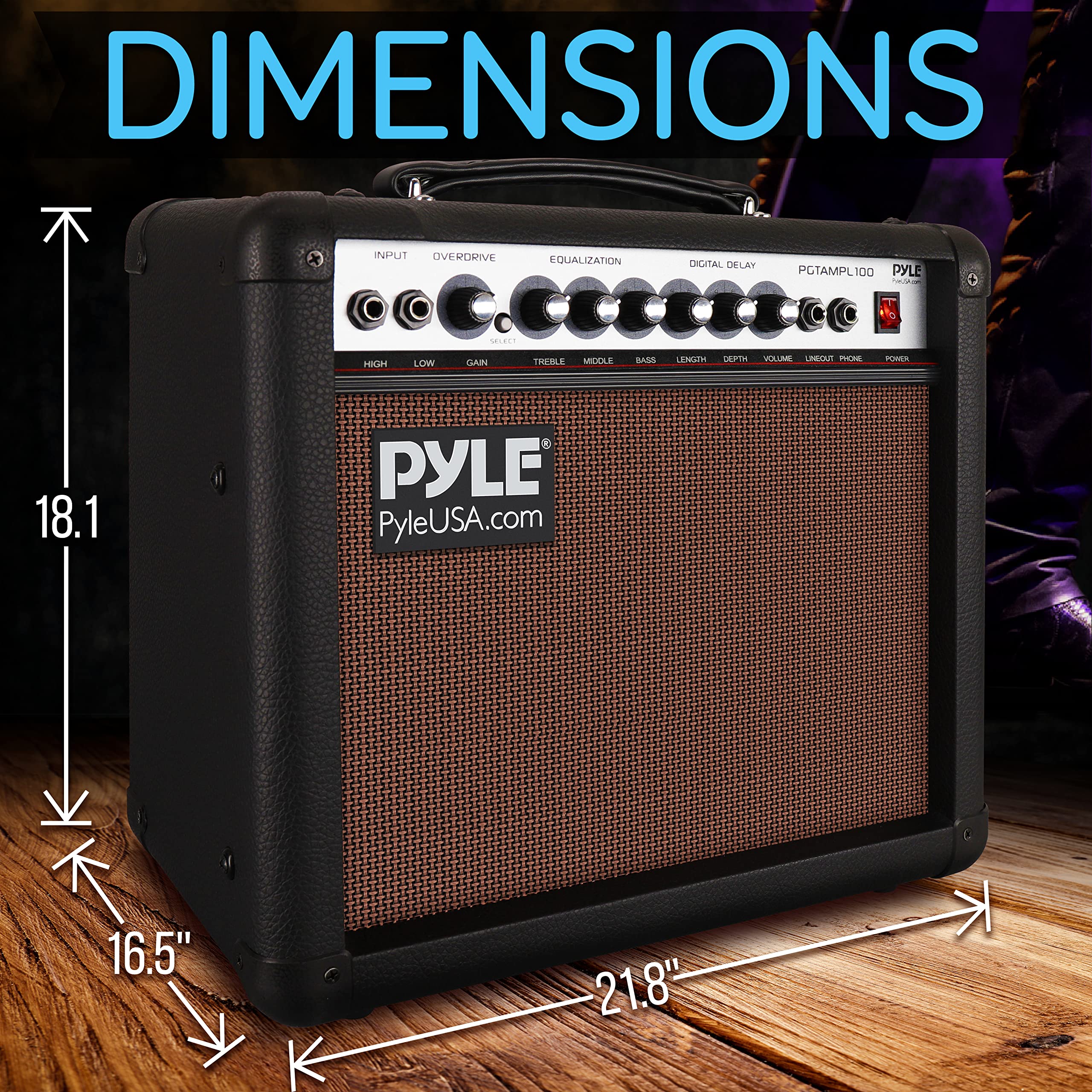 PyleUsa Portable Electric Guitar Amplifier, 30 Watt Power, 8 Inch High-Definition Speaker, Bass, Dual Inputs, Overdrive, Digital Delay, Amp Control Volume, EQ for Beginner and Advance Practice