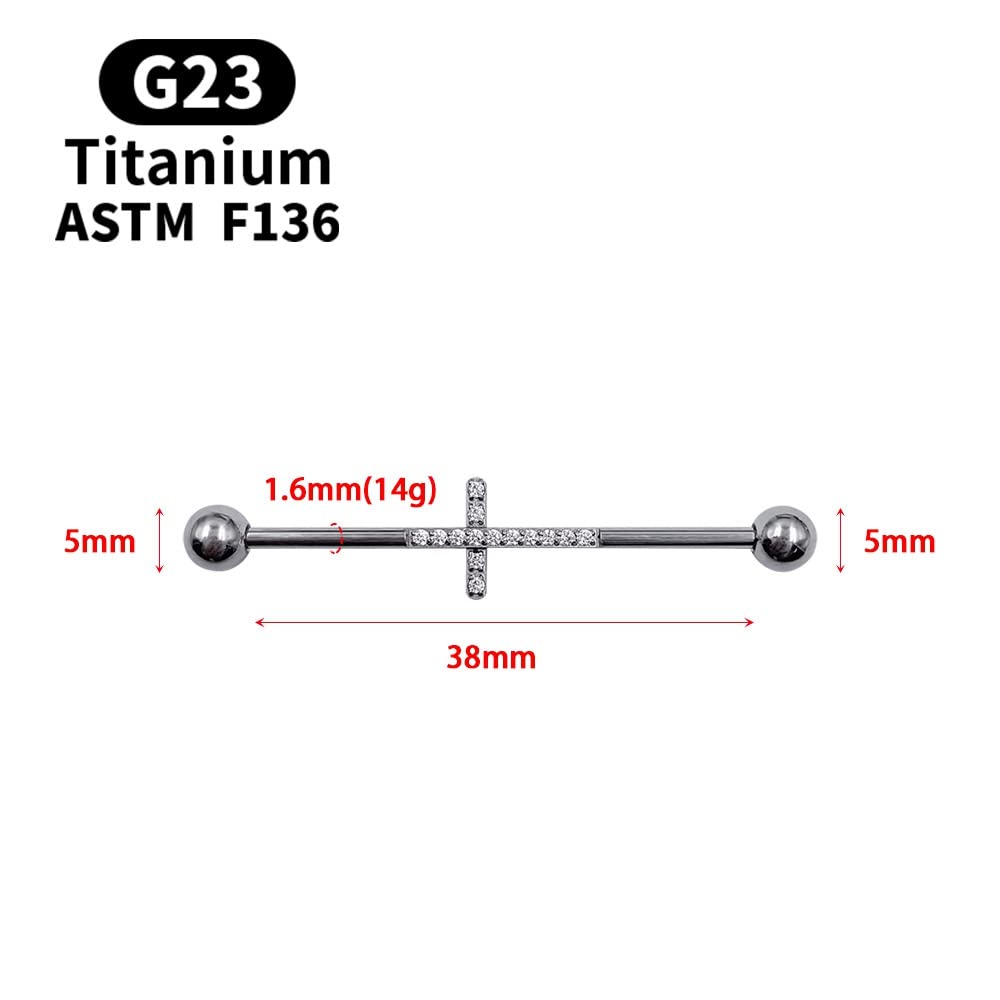 ZQGOFPT 14G Grade 23 Titanium Industrial Barbell Piercing Jewelry for Women Men with CZ Cross Surface Cartilage Earring Body Piercing Jewelry 1 1/2 Inch 38mm