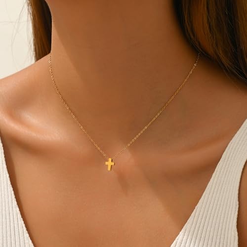 foyjoey 18K Gold Plated Dainty Tiny Cross Necklace for Women Stainless Steel Plain Cross Pendant Necklace Minimalist Confirmation Jewelry