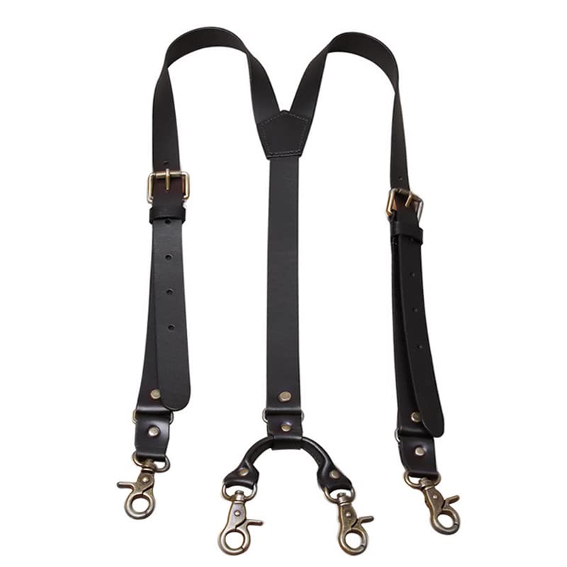 MUNION Leather Mens Suspenders Heavy Duty Y Design Adjustable with 4 Metal Snap Hooks Vintage Mens Suspenders Braces Big and Tall Groomsmen Gift for Wedding, Black