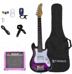 purple 30 inch kids electric guitar beginner kit, set includes 20w amplifier 3 picks, shoulder strap, tuner, bag case