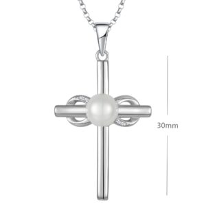 JO WISDOM Women Pearl Necklace,925 Sterling Silver Cubic Zirconia Infinity Cross Crucifix Pearl Pendant Necklace with 7mm Freshwater Cultured Pearl