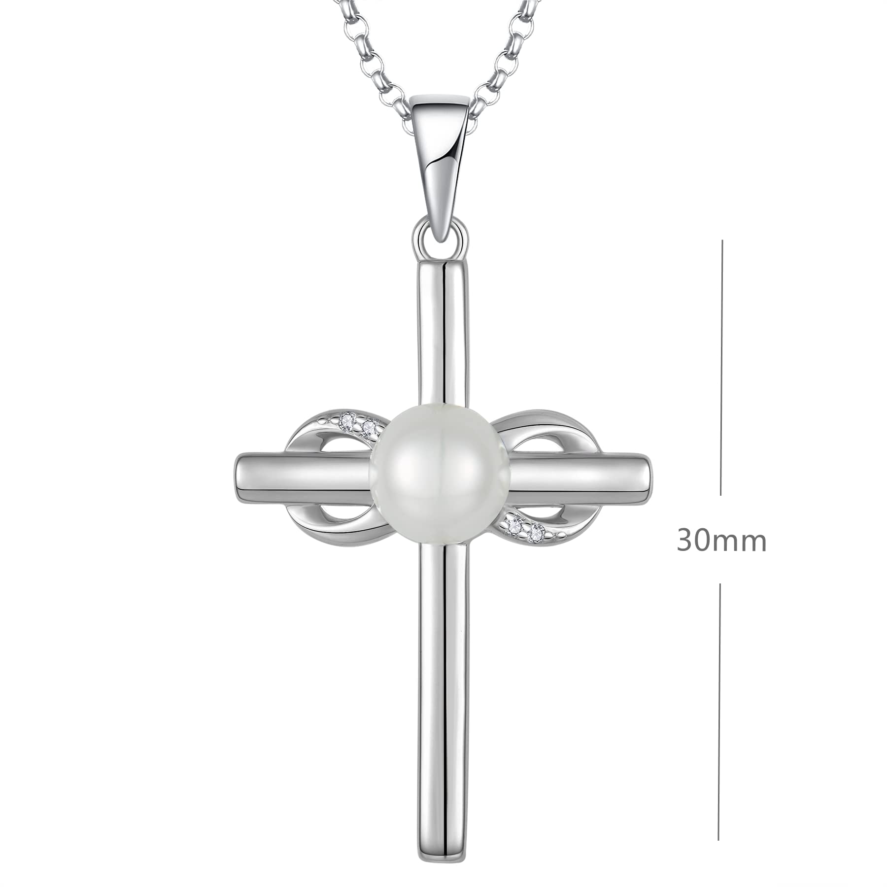 JO WISDOM Women Pearl Necklace,925 Sterling Silver Cubic Zirconia Infinity Cross Crucifix Pearl Pendant Necklace with 7mm Freshwater Cultured Pearl