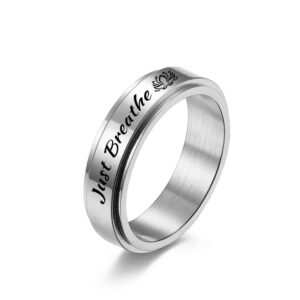 SSZYU Just Breathe Inspirational Jewelry Simple Ring Stainless Steel Band Ring for Teen Inspirational Spinner Ring High Polish Encouragement Graduation Ring for Women Men,Silver Size 8