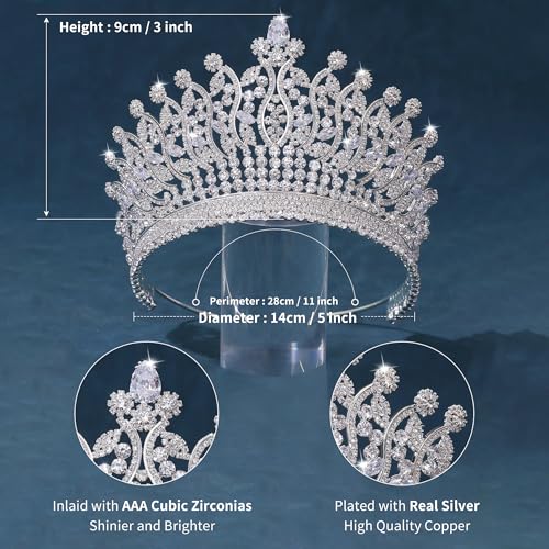 FASNAHOK Tall Crowns for Women Princess Silver Wedding Tiaras with Crystal Cubic Zirconia Large Birthday Party Pageant Hair Accessories Gifts for Women Girlfriend