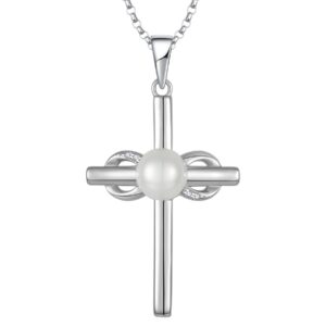 JO WISDOM Women Pearl Necklace,925 Sterling Silver Cubic Zirconia Infinity Cross Crucifix Pearl Pendant Necklace with 7mm Freshwater Cultured Pearl