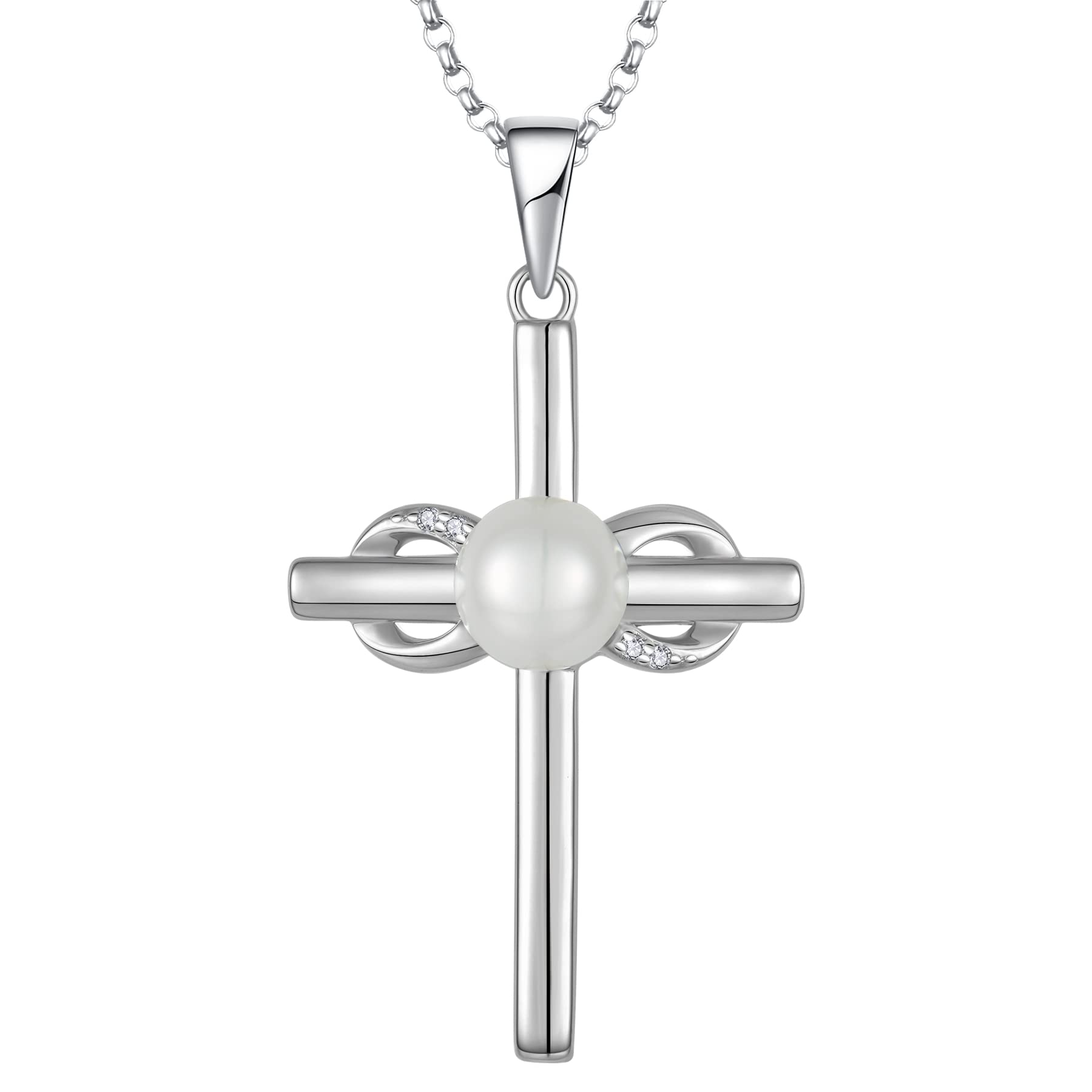 JO WISDOM Women Pearl Necklace,925 Sterling Silver Cubic Zirconia Infinity Cross Crucifix Pearl Pendant Necklace with 7mm Freshwater Cultured Pearl