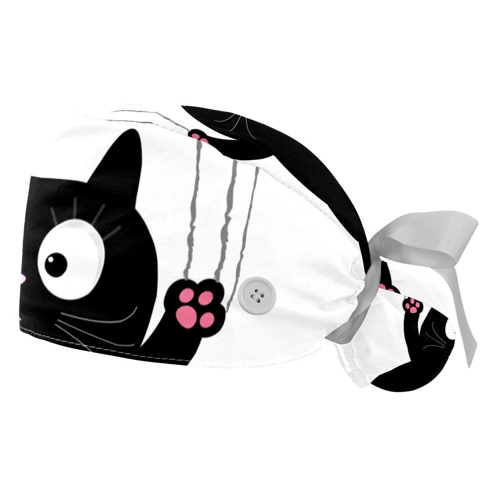 Cartoon Black Cat with Scratch Working Cap with Button & Sweatband, 2 Packs Reusable Surgical Surgery Hats Ponytail Holder, Multi Color