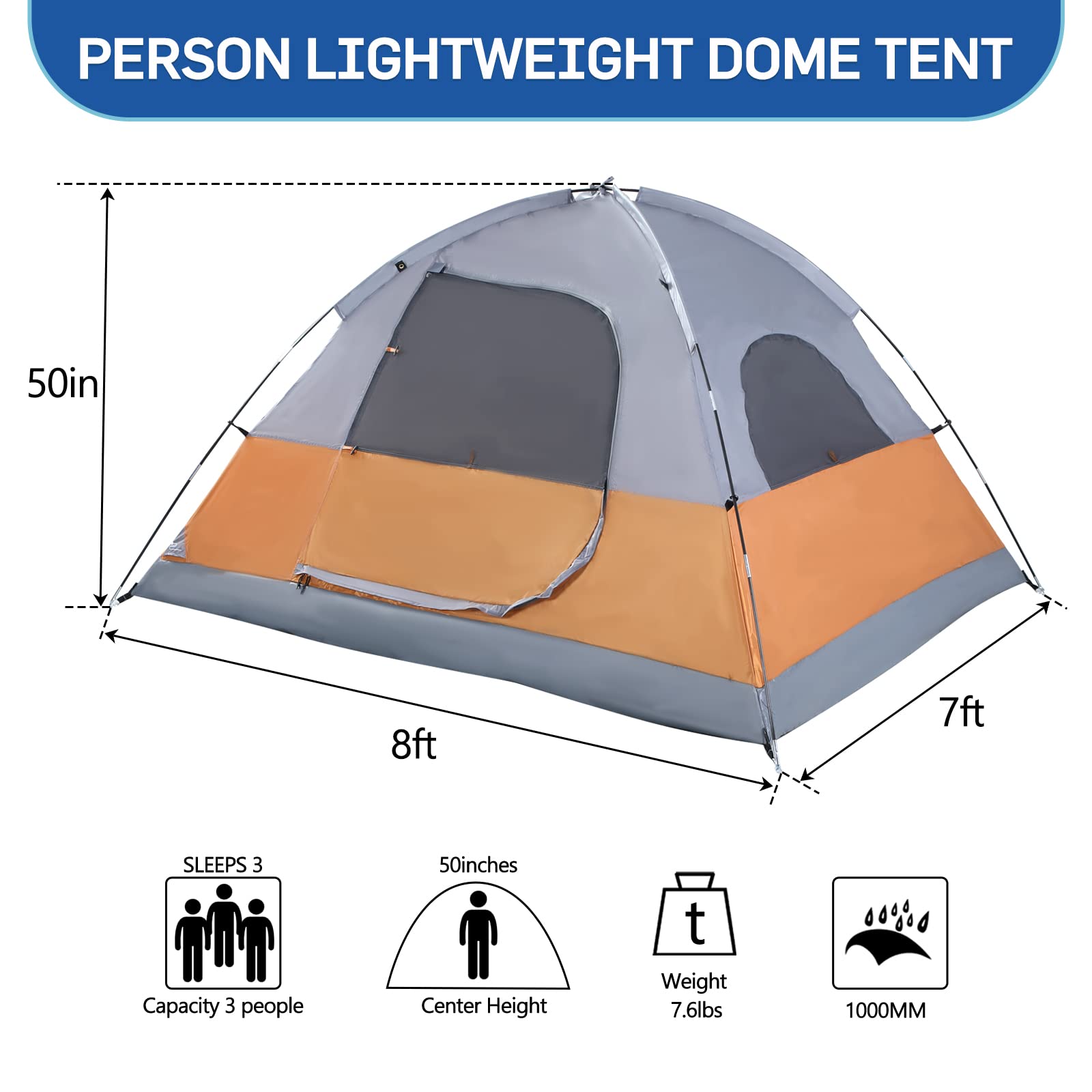 LET'S CAMP 3 Person Backpacking Tent,Portable Lightweight Waterproof Windproof Easy Setup Backpacking Tent,Great for Camping Hiking Mountaineering,Orange+Grey