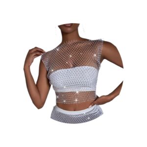 yokawe mesh crystal body chain black sparkle rhinestone fishnet tank tops see through bikini crop top nightclub party rave festival body accessories jewelry for women and girls