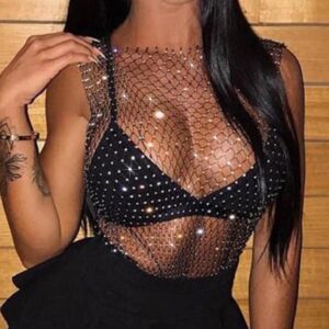 Yokawe Mesh Crystal Body Chain Black Rhinestone Fishnet Tank Tops See Through Bikini Party Body Accessories Jewelry for Women (Black)