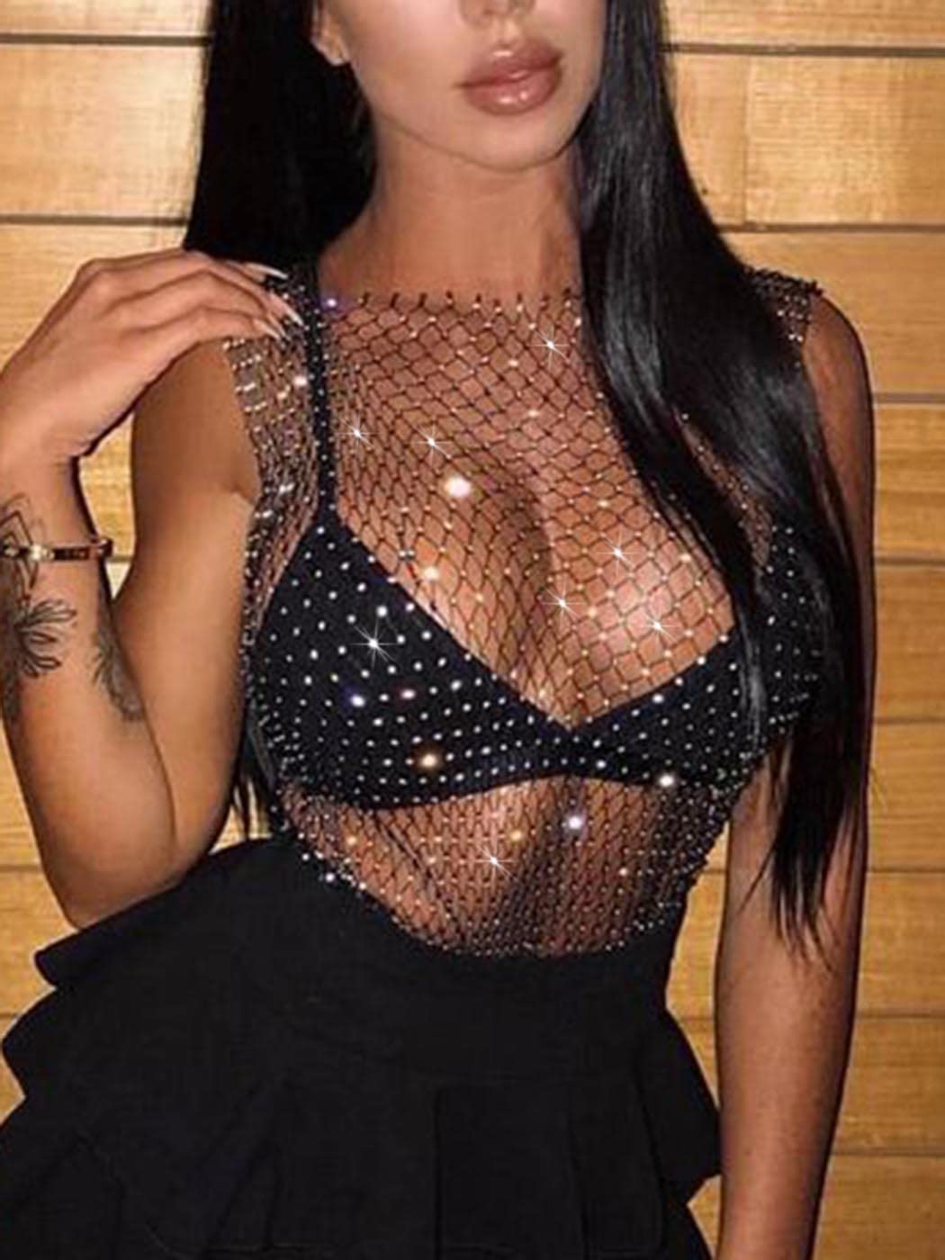 Yokawe Mesh Crystal Body Chain Black Rhinestone Fishnet Tank Tops See Through Bikini Party Body Accessories Jewelry for Women (Black)